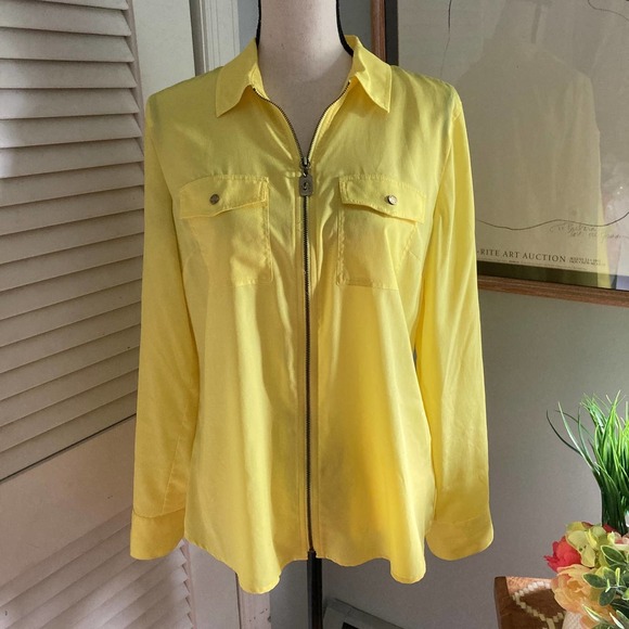 MICHAEL MICHAEL KORS Women's Yellow Full Zip Long Sleeve Collared Blouse | L - Picture 7 of 9